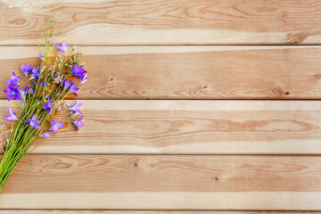 Purple flowers-bells on a wooden background for congratulations. Space for copying.