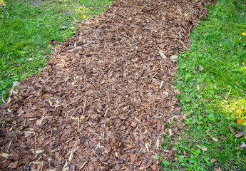 Garden path made of strewn tree bark - obrazy, fototapety, plakaty