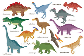 Set of hand drawn cartoon dinosaurs.