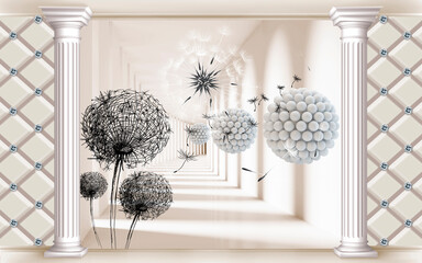 Digital illustration of a 3d tunnel with balloons and dandelions. 3d image. 3d photo wallpapers. Digital mural.