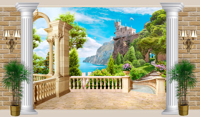 Terrace with access to the sea coast. Beautiful view of the Crimean landscape with the Swallow's Nest castle. The fresco. Photo wallpapers. 3d image.