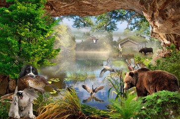 Fototapety  Hunting landscape. Photo wallpapers. Rendering. Hunting in the wild.