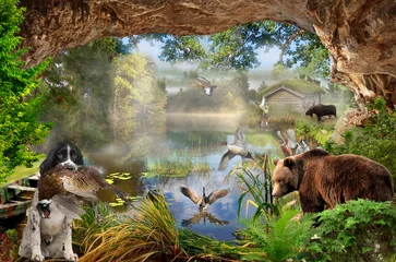 Foto op Plexiglas A hunter on the hunt. Illustration hunting landscape. Wallpaper on the wall for the interior. The fresco. © ART-poster