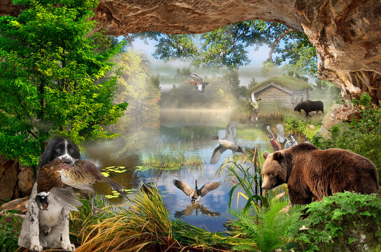 Hunting landscape. Photo wallpapers. Rendering. Hunting in the wild.
