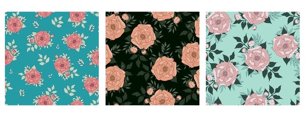 Set of delicate peonies. Seamless vector pattern with floral branches. Lovely peony flowers with leaves in different colors.