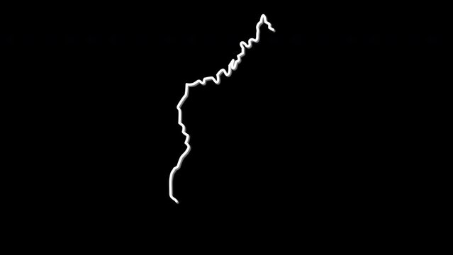 Madagascar map, country territory outline self drawing animation. Line art. Black background.