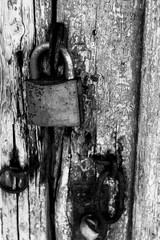 Padlock on the background of a closed old wooden door. Grunge background