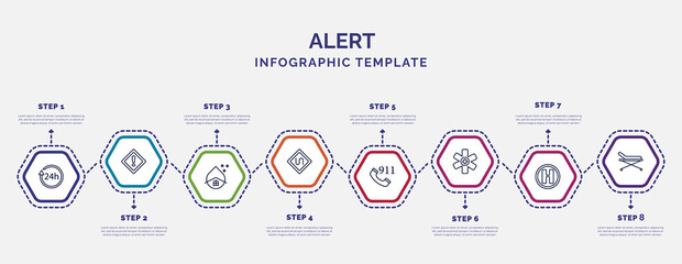 infographic template with icons and 8 options or steps. infographic for alert concept. included 24h, water hose, bend, 911, medical, hel, stretcher icons. - obrazy, fototapety, plakaty