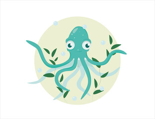 green colored octopus floating in seaweed on yellow background