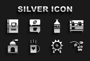 Set Coffee cup and heart, machine, bean, branch, Medal for coffee, Manual grinder, Bottle with milk, book and conversation icon. Vector