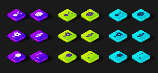 Set Racket for playing table tennis, Golf flag, Award cup, Smart watch showing heart beat rate, Rugby ball and Medal icon. Vector