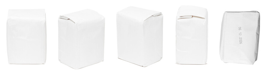 Paper bags. White paper bags for coffee, sugar, soda, flour, salt or cereals. Isolated on a white background.