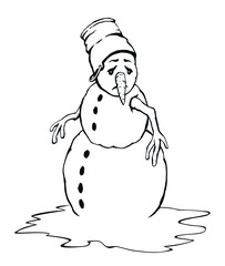Snowman in snow. Vector drawing.