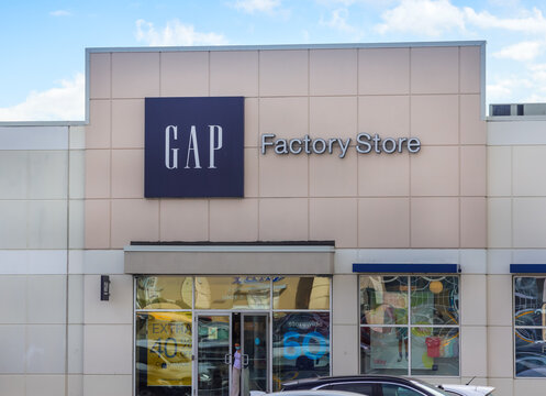 HALIFAX, CANADA - JUNE 2022: GAP banner Factory Outlet, Chain Lake Drive, Halifax, GAP is an American worldwide clothing and accessories retailer. Store front of GAP Factory Store.