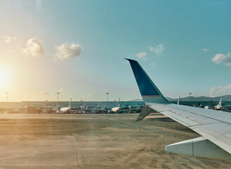 Fototapeta na wymiar Airplane window view of Panama City airport. Selective Focus, travel concept.