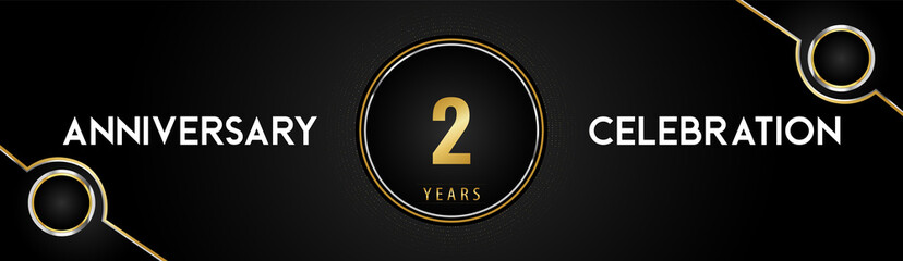 2 years anniversary celebration logotype with gold and silver circle dotted lines and frames on black background. Premium design for weddings, greetings cards, graduation, birthday party, ceremony.