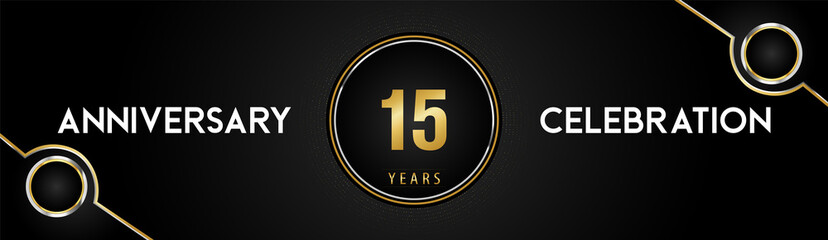 15 years anniversary celebration logotype with gold and silver circle dotted lines and frames on black background. Premium design for weddings, greetings cards, graduation, birthday party, ceremony.