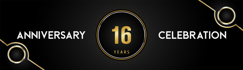 16 years anniversary celebration logotype with gold and silver circle dotted lines and frames on black background. Premium design for weddings, greetings cards, graduation, birthday party, ceremony.