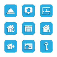 Set Garage, Online real estate house, House key, with dollar symbol, Sale, Location, plan and Hotel service bell icon. Vector