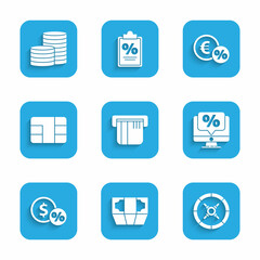 Set Credit card, Stacks paper money cash, Safe, Percent discount and monitor, Money coin with percent, chip, and Coin icon. Vector