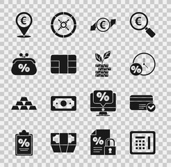 Set Safe, Credit card, Clock and percent, Financial growth euro coin, with chip, Purse money, Cash location and Dollar plant icon. Vector