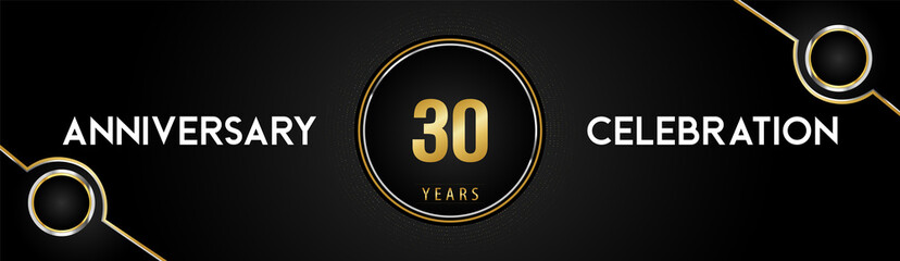 30 years anniversary celebration logotype with gold and silver circle dotted lines and frames on black background. Premium design for weddings, greetings cards, graduation, birthday party, ceremony.