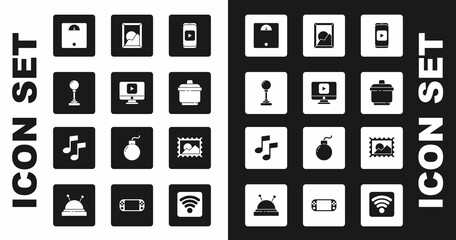 Set Online play video, Joystick for arcade machine, Bathroom scales, Cooking pot, Picture landscape, Postal stamp and Music note, tone icon. Vector