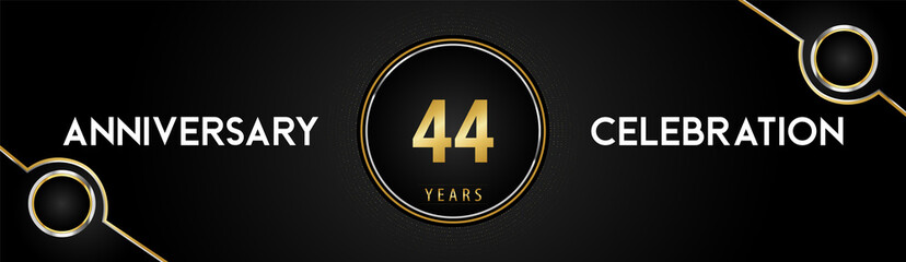 44 years anniversary celebration logotype with gold and silver circle dotted lines and frames on black background. Premium design for weddings, greetings cards, graduation, birthday party, ceremony.