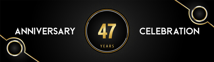 47 years anniversary celebration logotype with gold and silver circle dotted lines and frames on black background. Premium design for weddings, greetings cards, graduation, birthday party, ceremony.