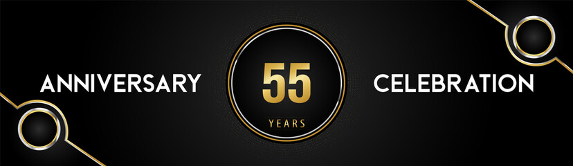55 years anniversary celebration logotype with gold and silver circle dotted lines and frames on black background. Premium design for weddings, greetings cards, graduation, birthday party, ceremony.