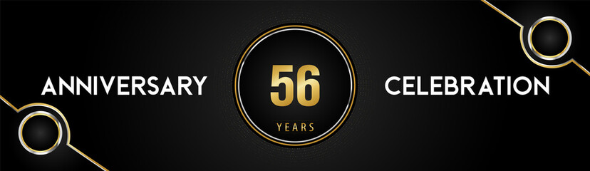 56 years anniversary celebration logotype with gold and silver circle dotted lines and frames on black background. Premium design for weddings, greetings cards, graduation, birthday party, ceremony.