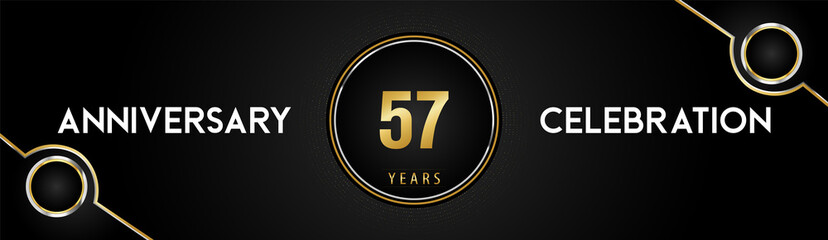 57 years anniversary celebration logotype with gold and silver circle dotted lines and frames on black background. Premium design for weddings, greetings cards, graduation, birthday party, ceremony.