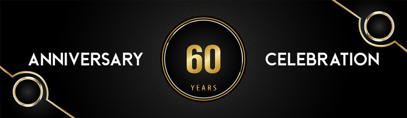 60 years anniversary celebration logotype with gold and silver circle dotted lines and frames on black background. Premium design for weddings, greetings cards, graduation, birthday party, ceremony.