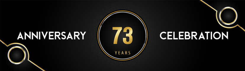 73 years anniversary celebration logotype with gold and silver circle dotted lines and frames on black background. Premium design for weddings, greetings cards, graduation, birthday party, ceremony.
