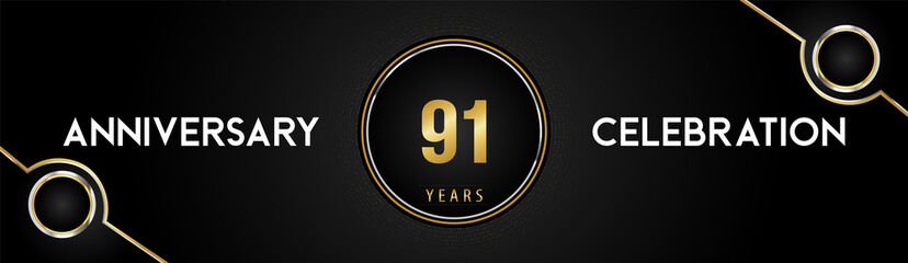 91 years anniversary celebration logotype with gold and silver circle dotted lines and frames on black background. Premium design for weddings, greetings cards, graduation, birthday party, ceremony.