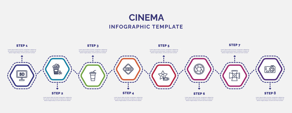 infographic template with icons and 8 options or steps. infographic for cinema concept. included 3 dimension screen, take away drink, hd video, famous cinema star, camera lens, cinema light source,
