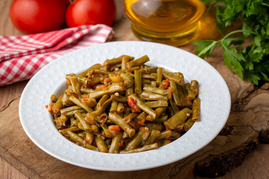 Traditional delicious Turkish food; fresh green black eyed peas food (Turkish name; Zeytinyagli yesil taze borulce or acebek)