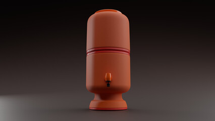 Clay filter, Brazilian design, piece from the Brazilian house. Water filter made of clay. 3D illustration, dark background and front view.