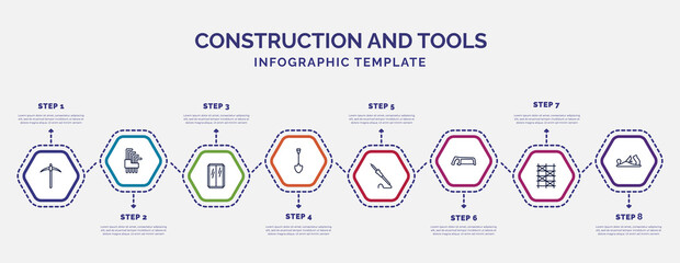 infographic template with icons and 8 options or steps. infographic for construction and tools concept. included pickaxe, glass wall, spade, iron soldering, metal saw, scaffolding, planer icons. - obrazy, fototapety, plakaty