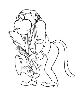 Cartoon elderly monkey performs jazz on the saxophone. Monkey saxophonist. Vector outline image isolated on white. A parody of an elderly jazz saxophonist.