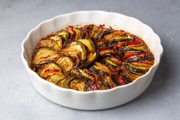 Traditional french stew with summer vegetables. Ratatouille casserole.