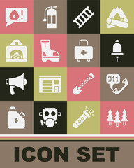 Set Forest, Telephone call 911, Ringing alarm bell, Fire escape, boots, Interior fireplace, and First aid kit icon. Vector