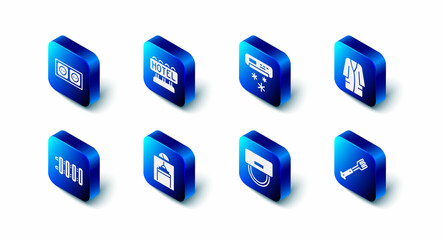 Set Signboard with text Hotel, Air conditioner, Bathrobe, Fork, Bellboy hat, Lift, Heating radiator and Electrical outlet icon. Vector