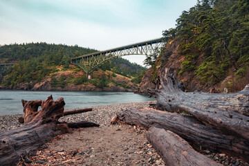 beautiful landscape seen from Deception Pass in Washington State with landmark Deception Pass Bridge in view - 514261754
