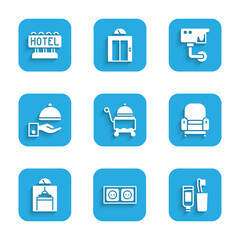 Set Covered with tray, Electrical outlet, Toothbrush and toothpaste, Armchair, Lift, Security camera and Signboard text Hotel icon. Vector