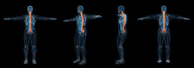 3d rendering set of human male body spine x-ray isolated on black background.