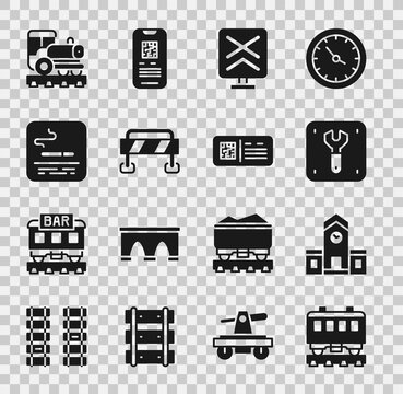 Set Passenger Train Cars, Railway Station, Repair Of Railway, Railroad Crossing, Road Barrier, Smoking Area, Vintage Locomotive And QR Code Ticket Icon. Vector