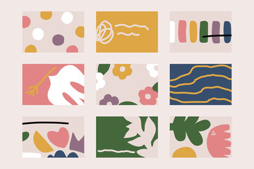 Set of stylish backgrounds with hand drawn doodle objects and abstract organic shapes. Modern template for pre-made poster or business card. Contemporary multicolored vector collage
