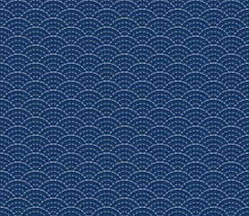 Japanese Sashiko seamless pattern. Indigo background. white thin line on blue wallpaper. Vector