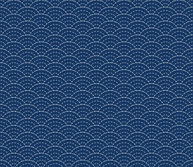 Japanese Sashiko seamless pattern. Indigo background. white thin line on blue wallpaper. Vector